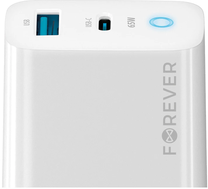 TelForceone Forever GaN TC-06-65AC PD QC įkroviklis 1x USB-C 1x USB 65W baltas