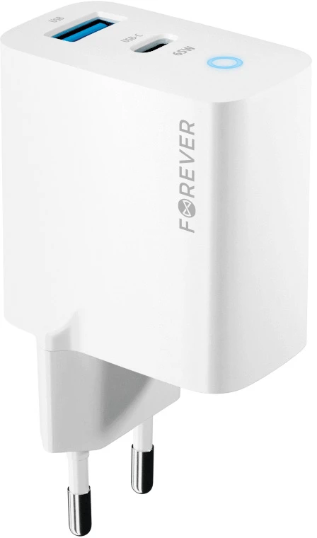 TelForceone Forever GaN TC-06-65AC PD QC įkroviklis 1x USB-C 1x USB 65W baltas