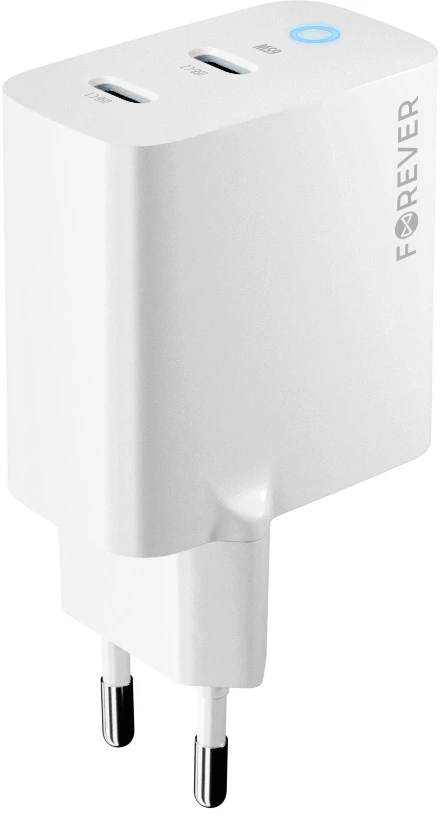 Forever TC-06-65CC GaN PD QC įkroviklis 2x USB-C 65W baltas