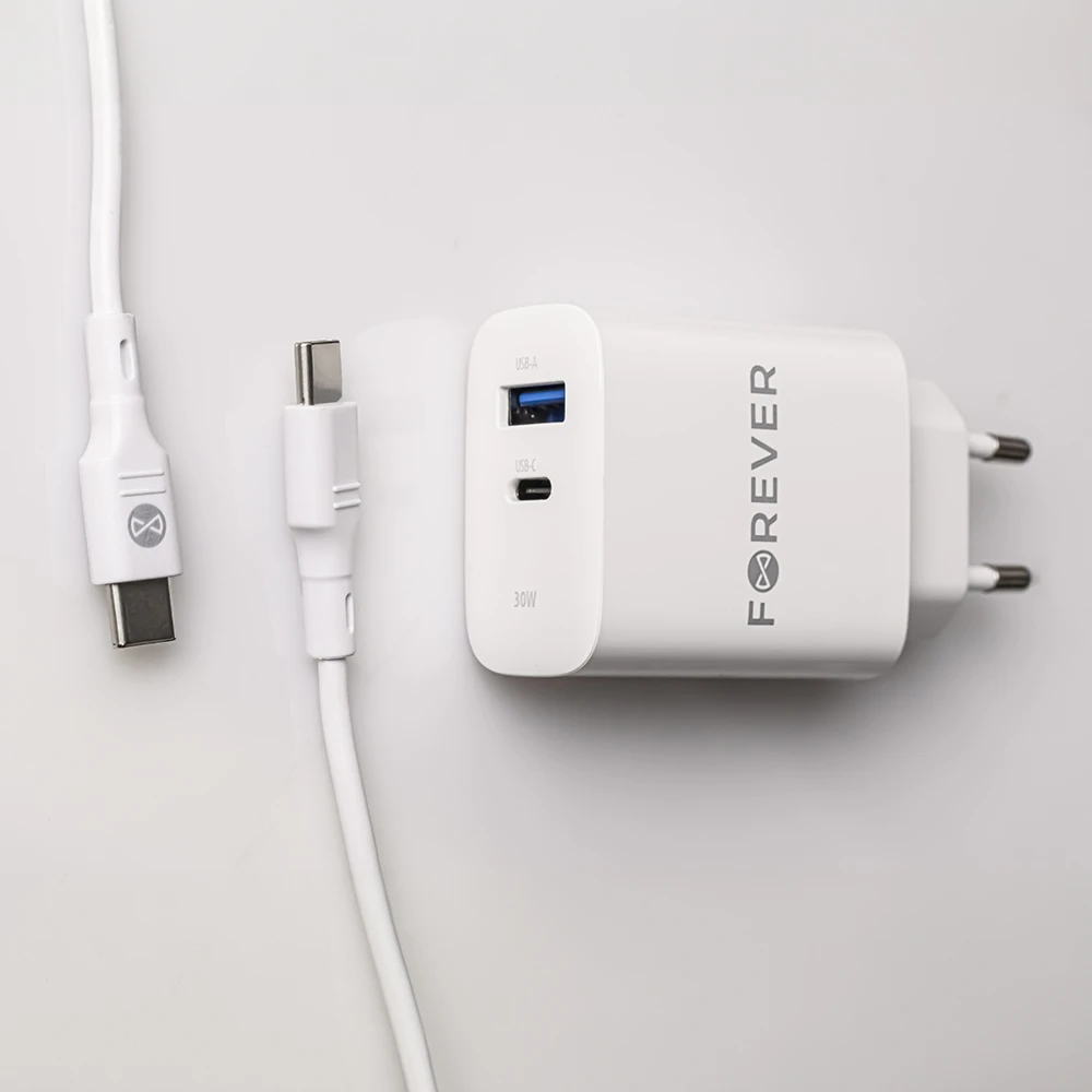 Forever TC-07-30AC PD QC įkroviklis 1x USB-C 1x USB 30W baltas + USB-C – USB-C laidas 60W
