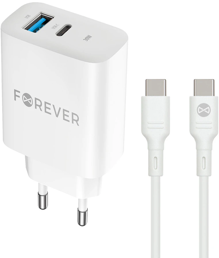 Forever TC-07-30AC PD QC įkroviklis 1x USB-C 1x USB 30W baltas + USB-C – USB-C laidas 60W