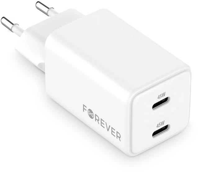 Forever TC-08-45CC GaN PD įkroviklis 2x USB-C 45W baltas
