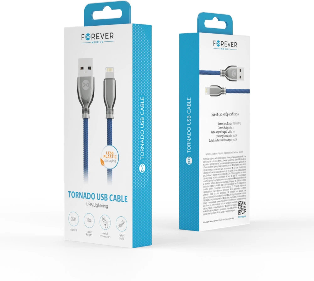 Forever Tornado USB – Lightning laidas 1,0 m 3A tamsiai mėlynas