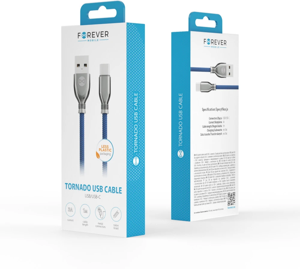 Forever Tornado laidas USB – USB-C 1,0 m 3A tamsiai mėlynas