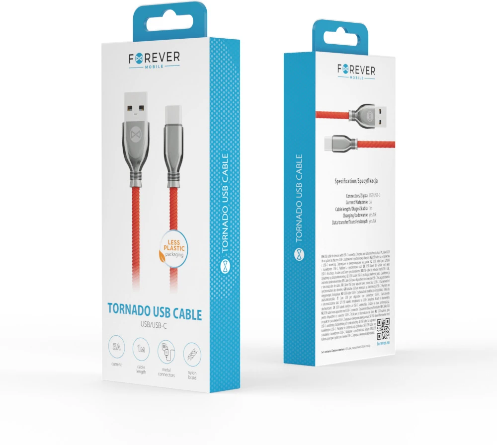 Forever Tornado laidas USB – USB-C 1,0 m 3A raudonas