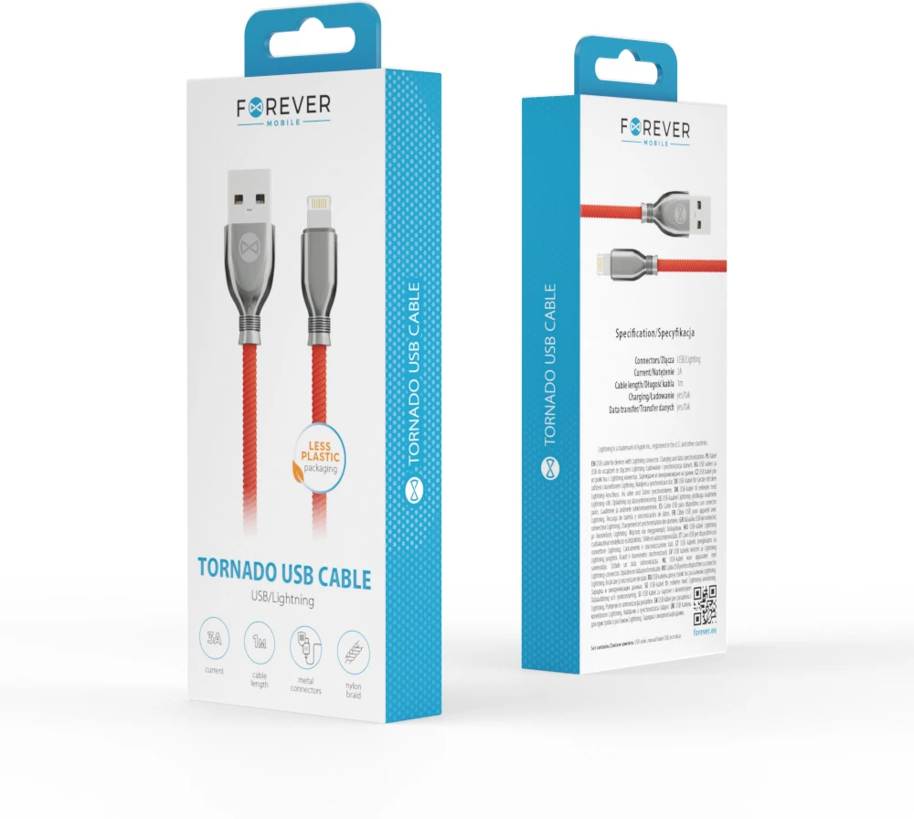 Forever Tornado USB – Lightning laidas 1,0 m 3A raudonas