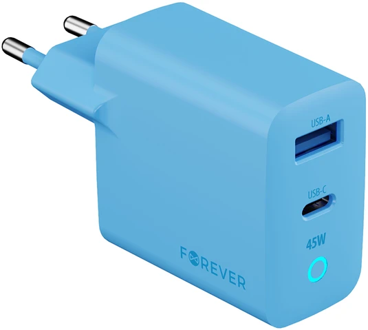 Forever Vibe-TC45AC GaN PD QC įkroviklis 1x USB-C 1x USB 45W dangaus mėlyna