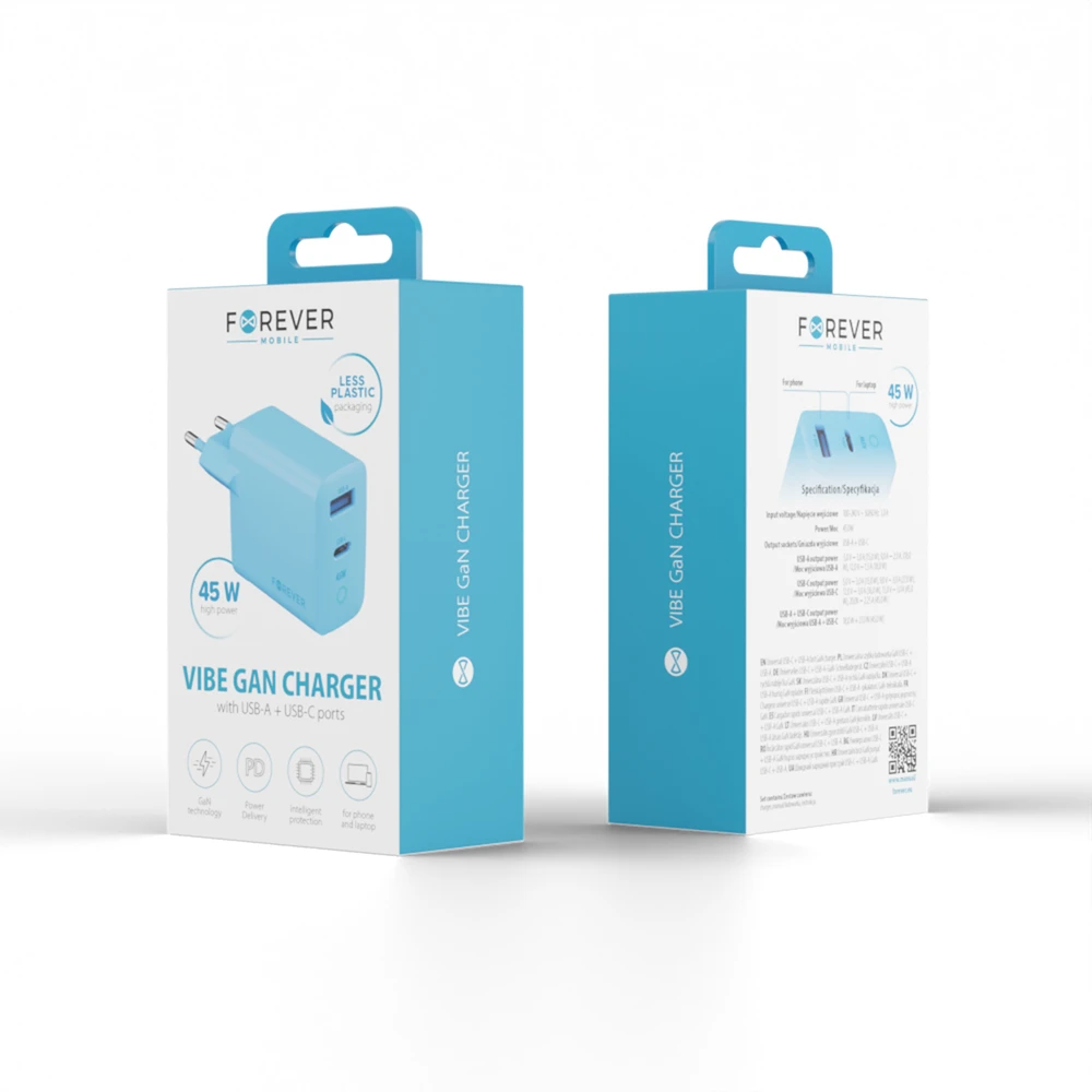 Forever Vibe-TC45AC GaN PD QC įkroviklis 1x USB-C 1x USB 45W dangaus mėlyna