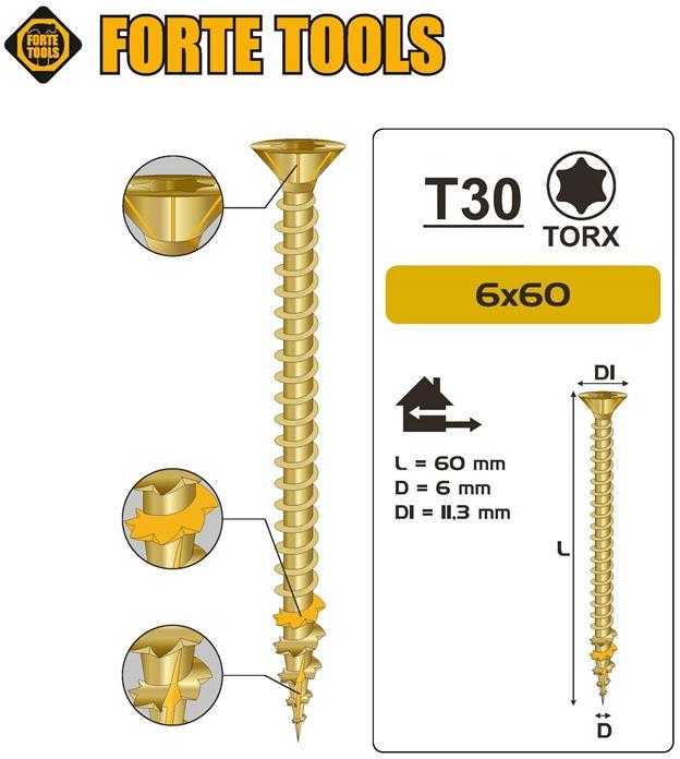 Forte Tools Forte_Tools Medsraigčiai 6 x 60 mm, ZN, TX30, 8 vnt.