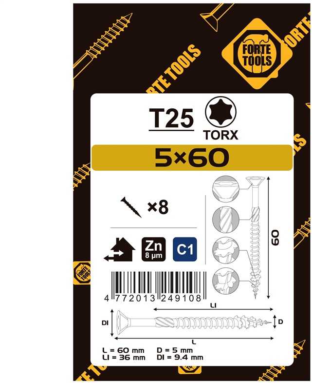 Forte_Tools Medsraigčiai FORTE TOOLS, 5×60/36 mm, ZN, TX25, 8 vnt.