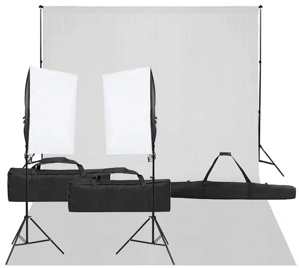 Fotostudijos rinkinys su apšvietimo rinkiniu ir fonu
