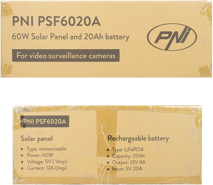 Fotovoltinė saulės baterija PNI PSF6020A, 60W galios, su pridedama 20A baterija, 12V išvestis, skirta stebėjimo kameroms