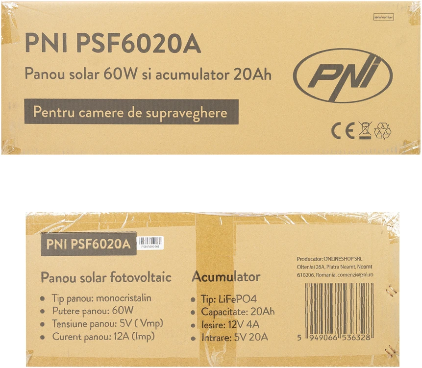 Fotovoltinė saulės baterija PNI PSF6020A, 60W galios, su pridedama 20A baterija, 12V išvestis, skirta stebėjimo kameroms