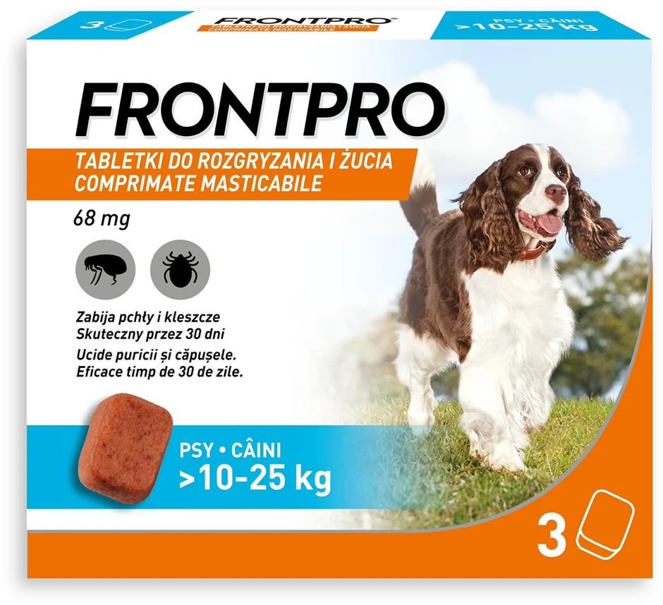 FRP FRONTPRO Tabletės nuo blusų ir erkių šuniui (>10-25 kg) – 3x 68mg