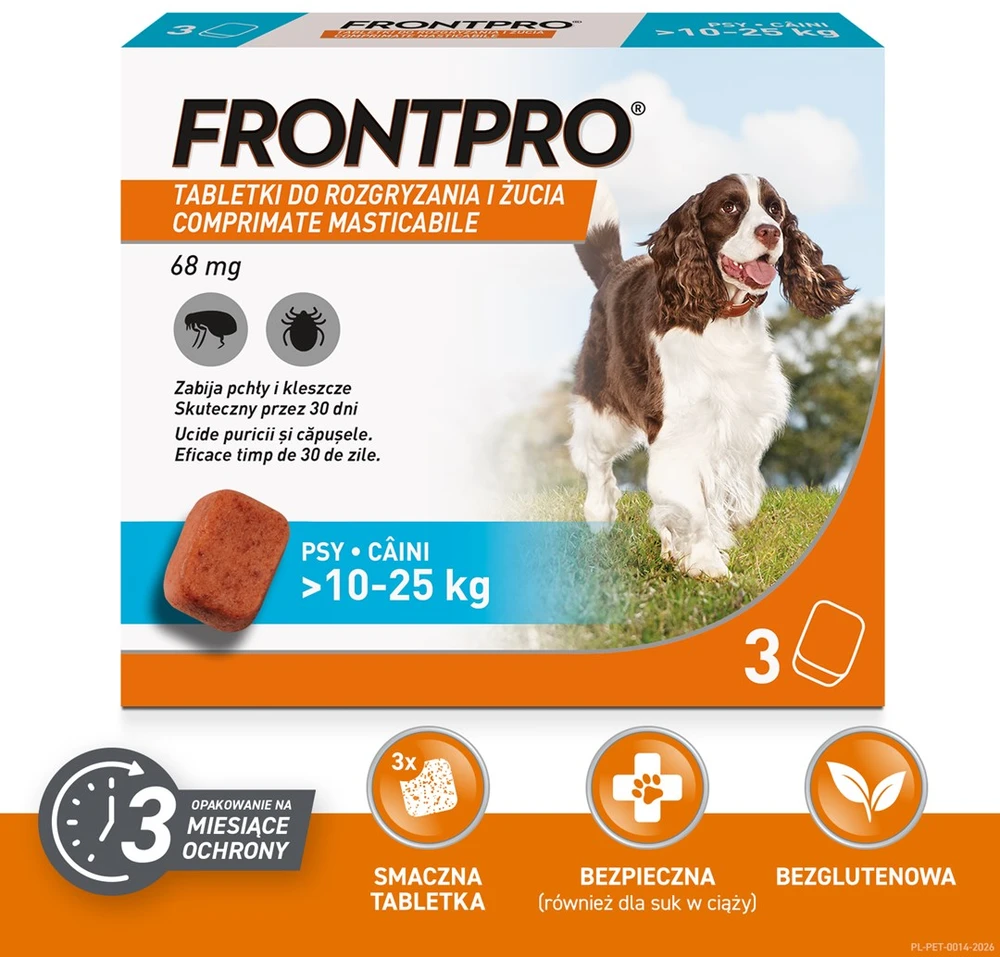 FRP FRONTPRO Tabletės nuo blusų ir erkių šuniui (>10-25 kg) – 3x 68mg