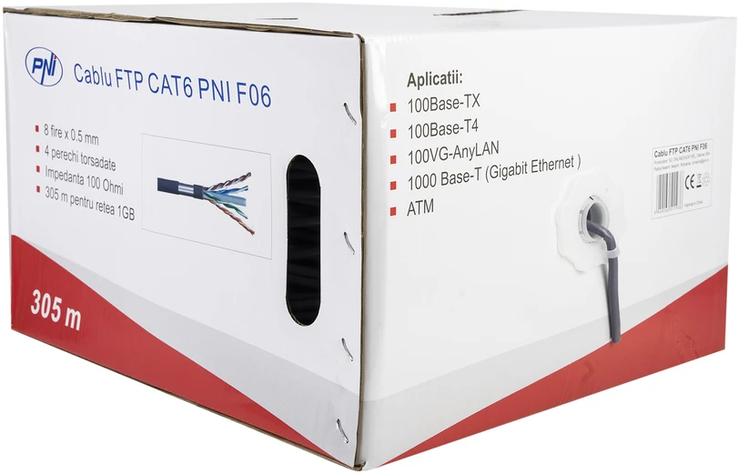 FTP kabelis CAT6 PNI F06 su 4 poromis 1 Gigabit internetui ir stebėjimo sistemoms, ritė 305m