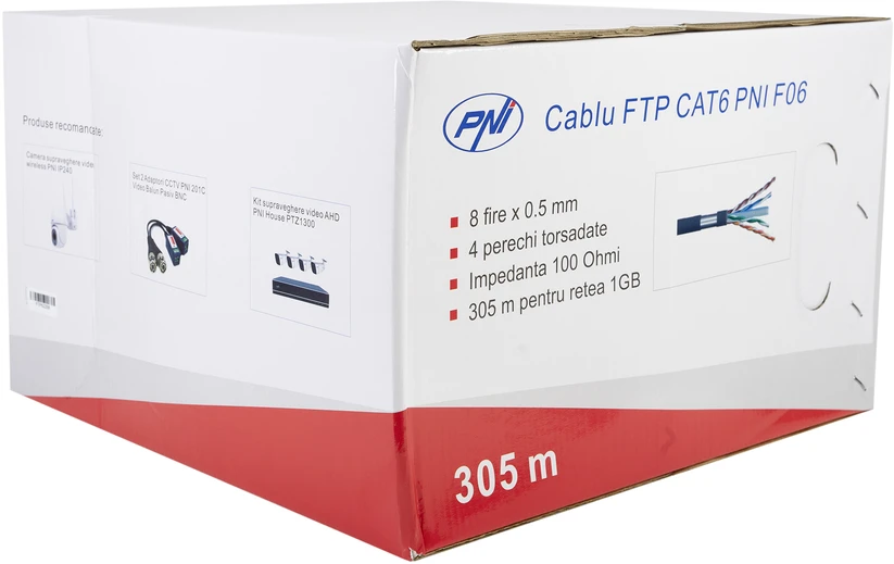 FTP kabelis CAT6 PNI F06 su 4 poromis 1 Gigabit internetui ir stebėjimo sistemoms, ritė 305m