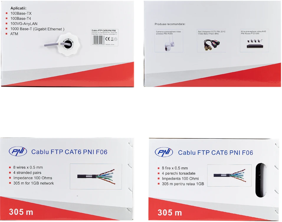 FTP kabelis CAT6 PNI F06 su 4 poromis 1 Gigabit internetui ir stebėjimo sistemoms, ritė 305m
