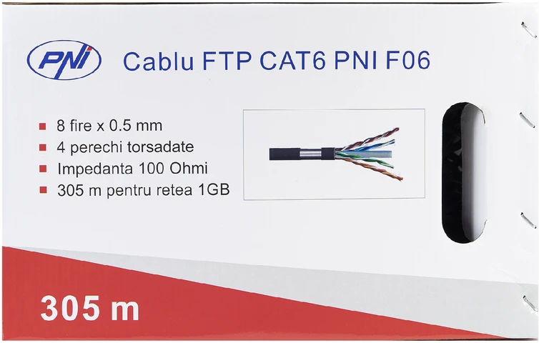 FTP kabelis CAT6 PNI F06 su 4 poromis 1 Gigabit internetui ir stebėjimo sistemoms, ritė 305m
