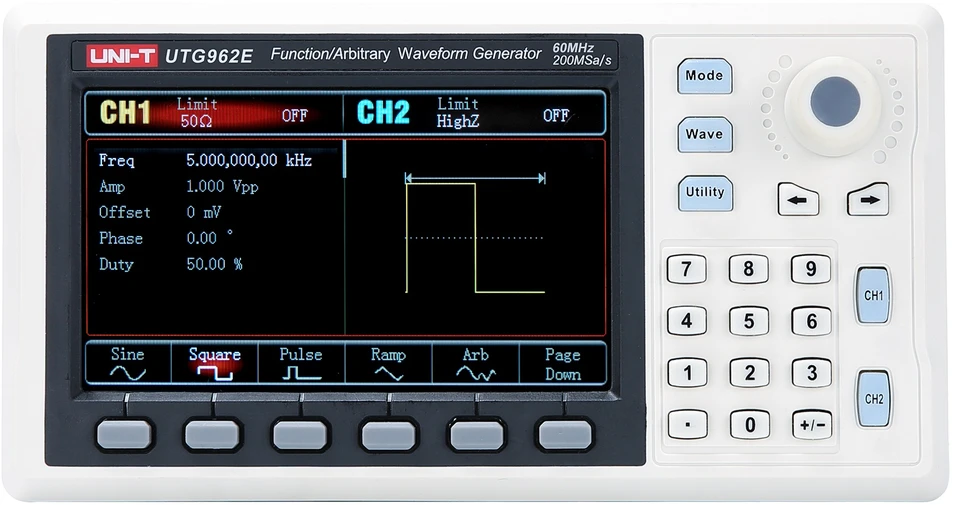 Funkcinis ir laisvos formos signalų generatorius, 60MHz; 2 kanalai, 14bit, 200 MSa/s, LCD TFT 4,3"; UNI-T
