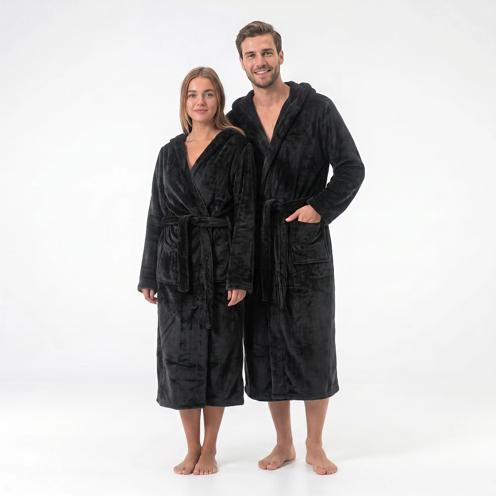 GAUBERT unisex flisinis chalatas su gobtuvu, ilgas, juodos spalvos L/XL
