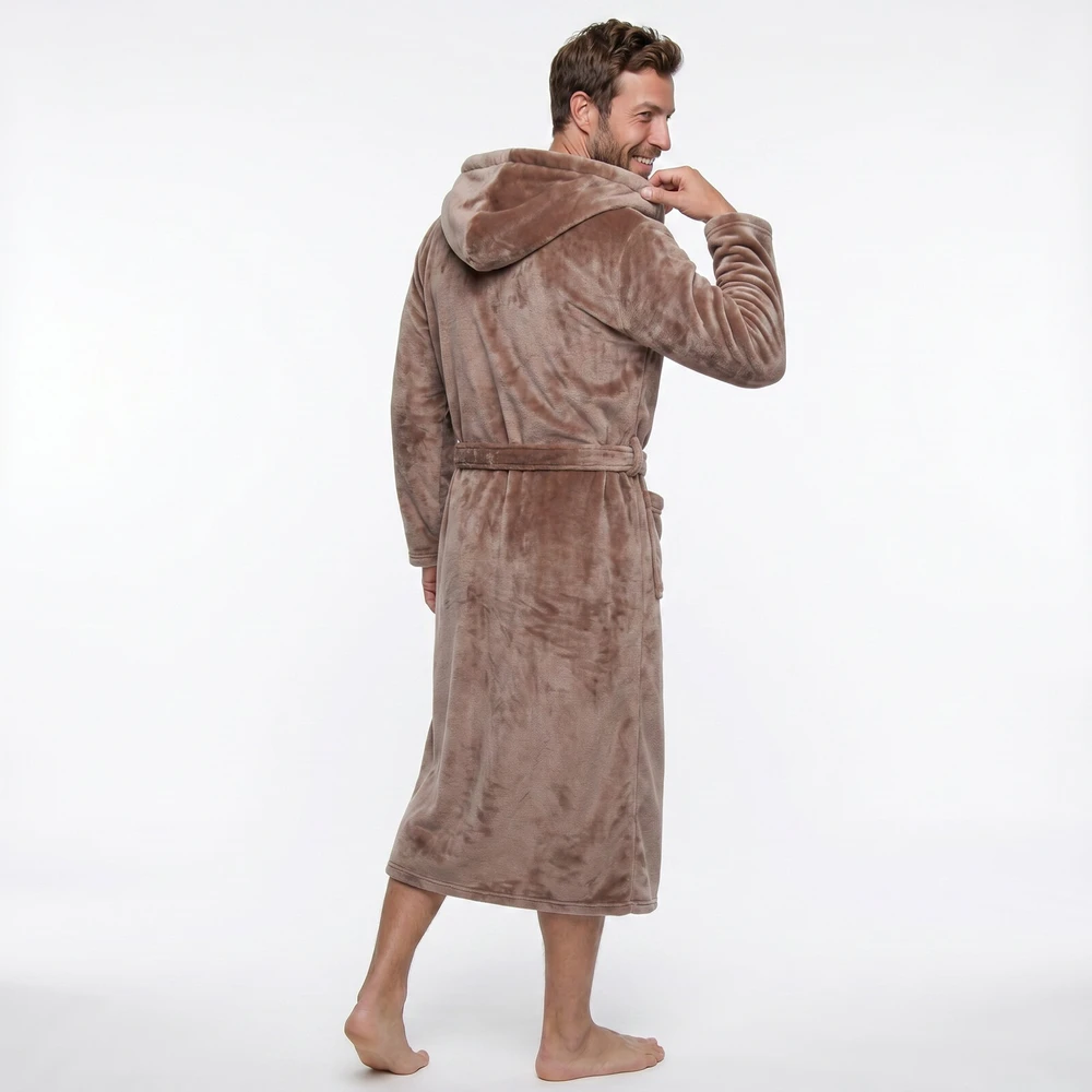 GAUBERT unisex flisinis chalatas su gobtuvu, ilgas, smėlio spalvos 2XL/3XL