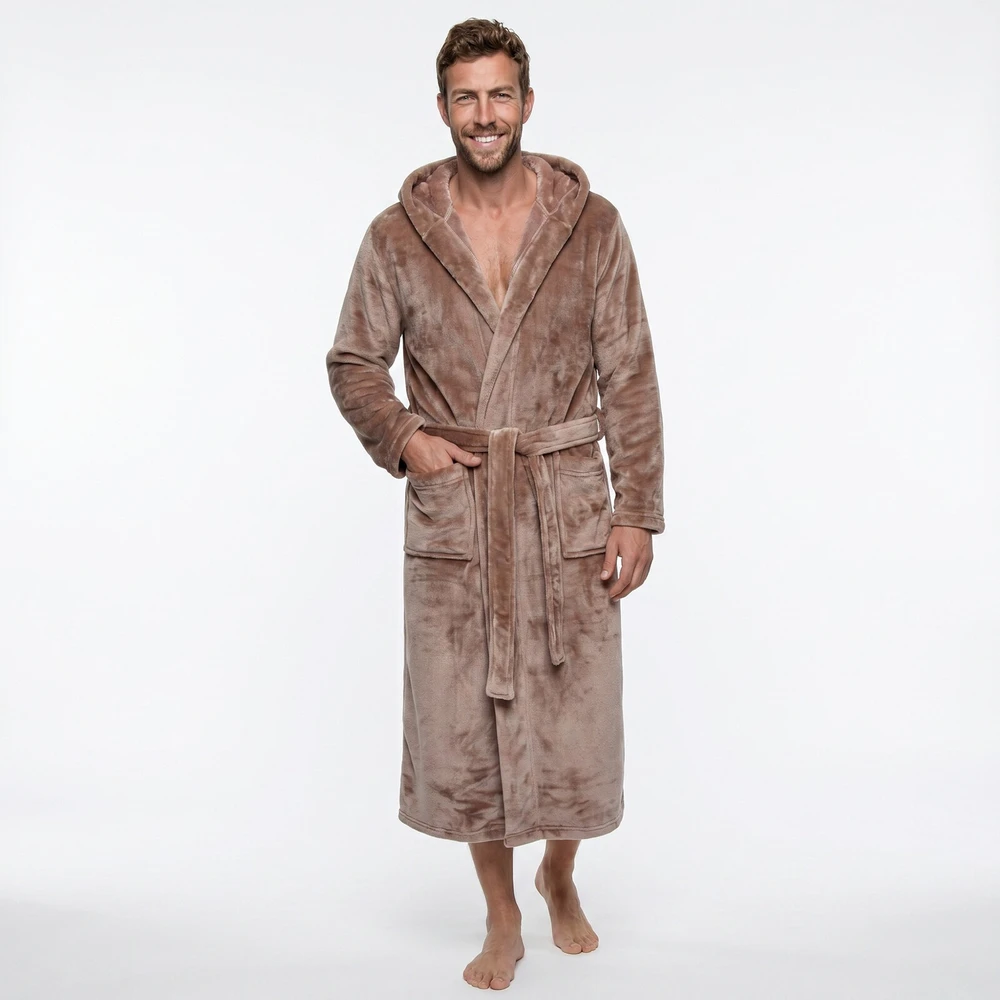 GAUBERT unisex flisinis chalatas su gobtuvu, ilgas, smėlio spalvos S/M