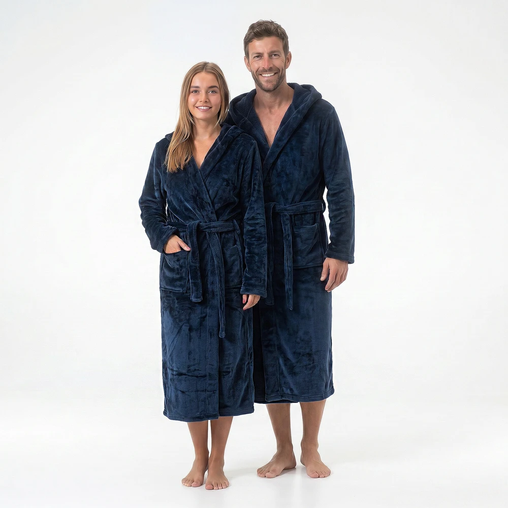 GAUBERT unisex flisinis chalatas su gobtuvu, ilgas, mėlynos spalvos 2XL/3XL