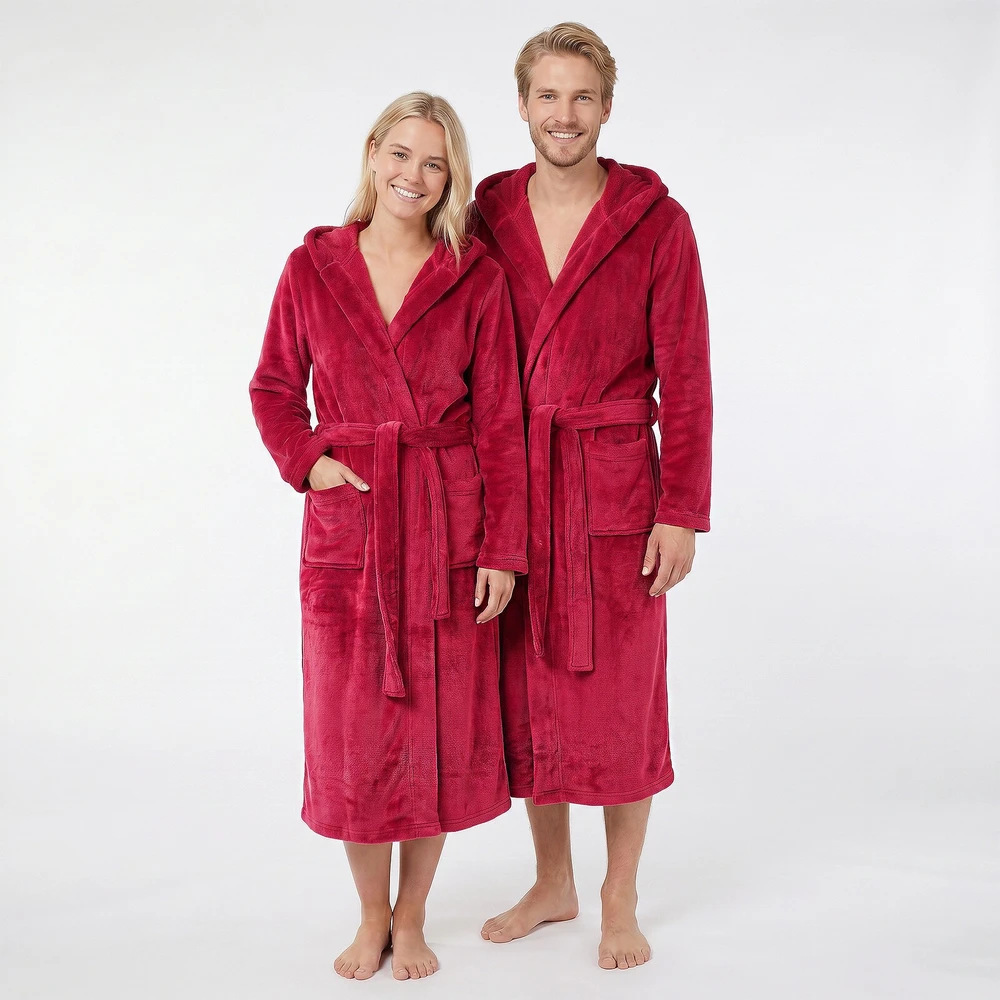 GAUBERT unisex flisinis chalatas su gobtuvu, ilgas, bordo spalvos L/XL