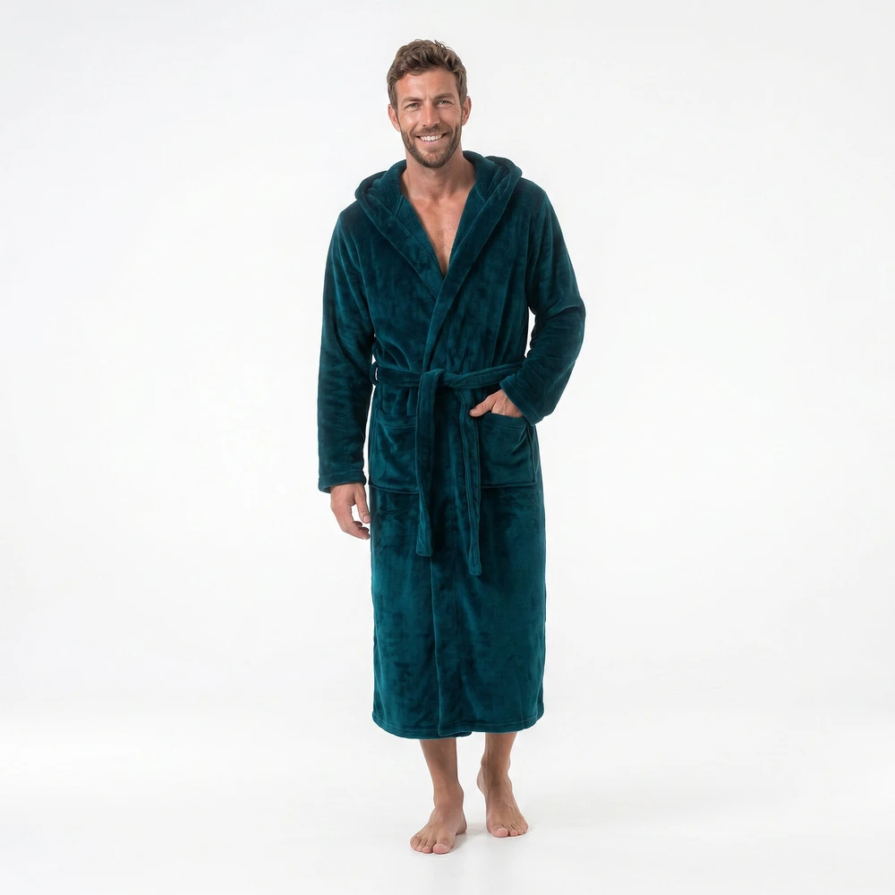GAUBERT unisex flisinis chalatas su gobtuvu, ilgas, žalsvai mėlynos spalvos S/M
