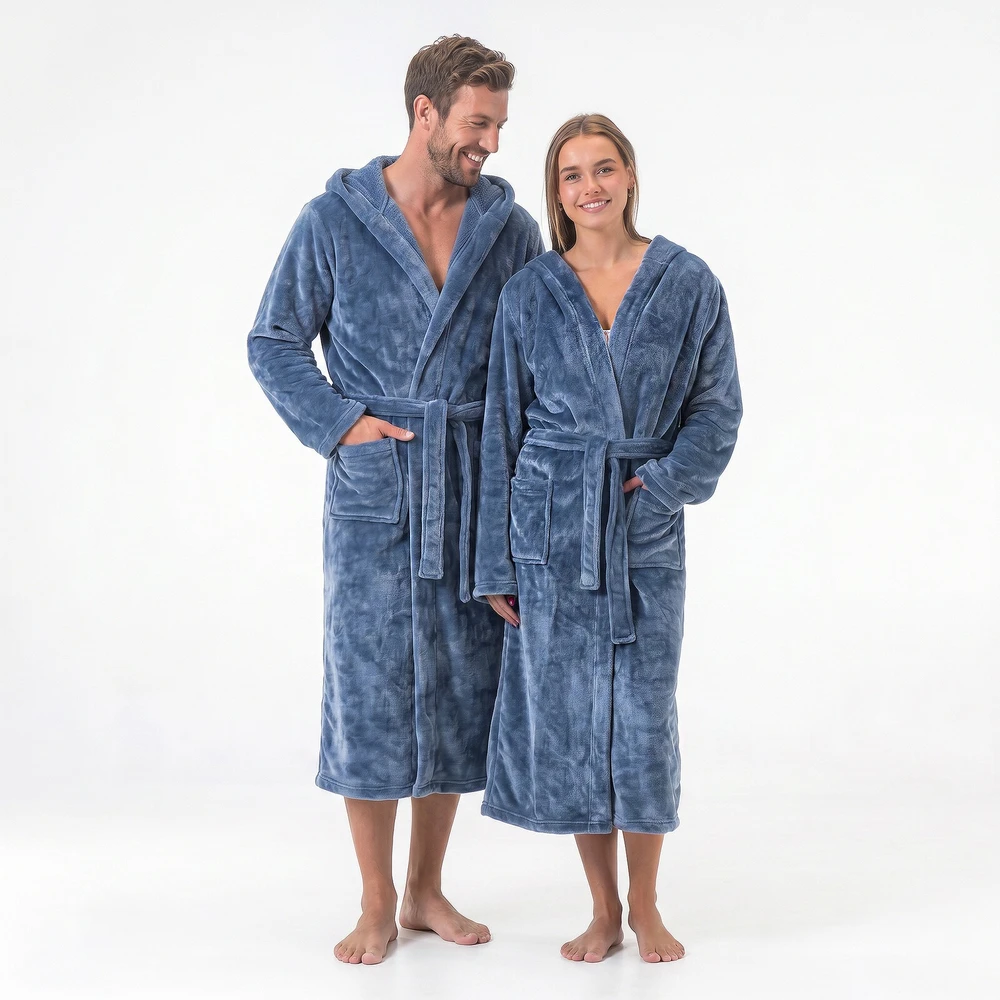 GAUBERT unisex flisinis chalatas su gobtuvu, ilgas, pilkos spalvos L/XL