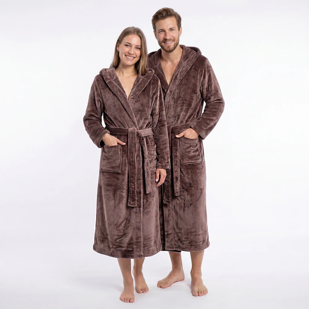 GAUBERT unisex flisinis chalatas su gobtuvu, ilgas, kavos rudumo spalvos L/XL