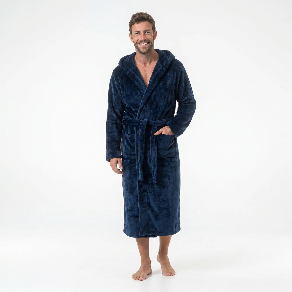 GAUBERT unisex flisinis chalatas su gobtuvu, ilgas, mėlynos spalvos S/M