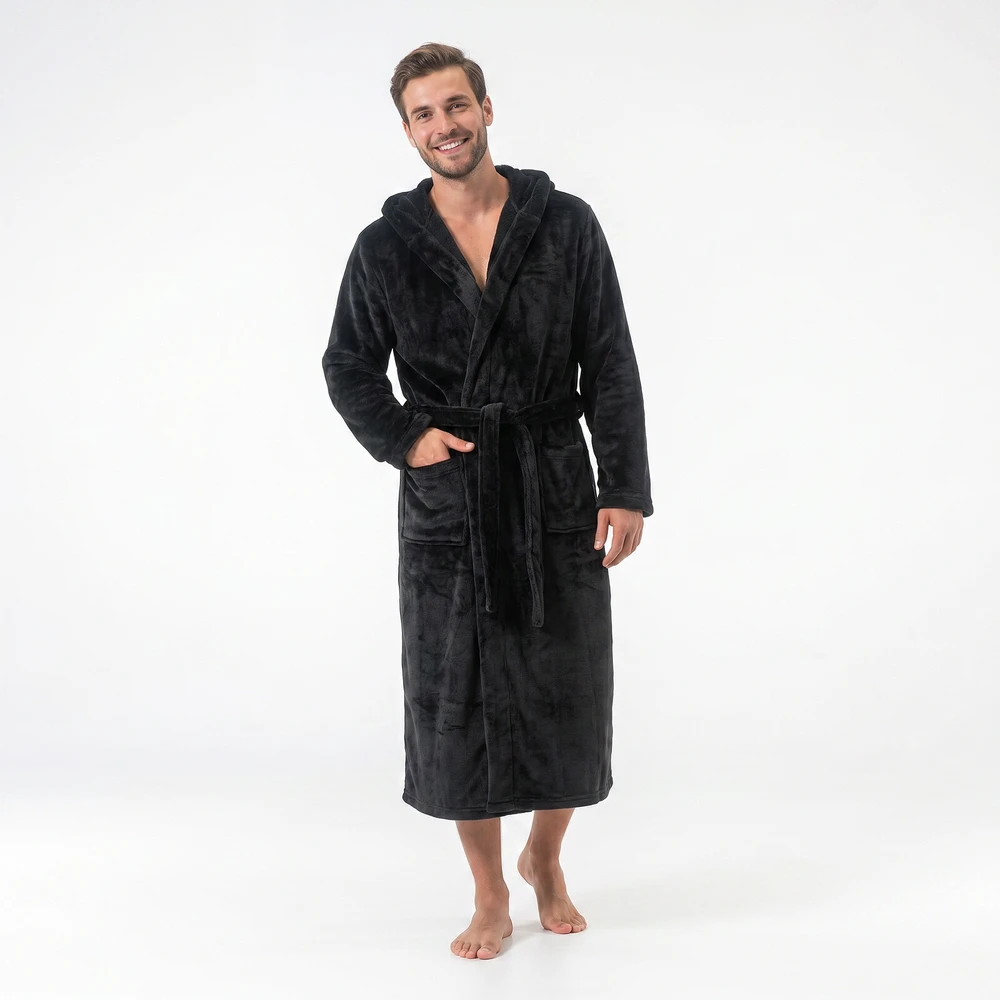 GAUBERT unisex flisinis chalatas su gobtuvu, ilgas, juodos spalvos L/XL