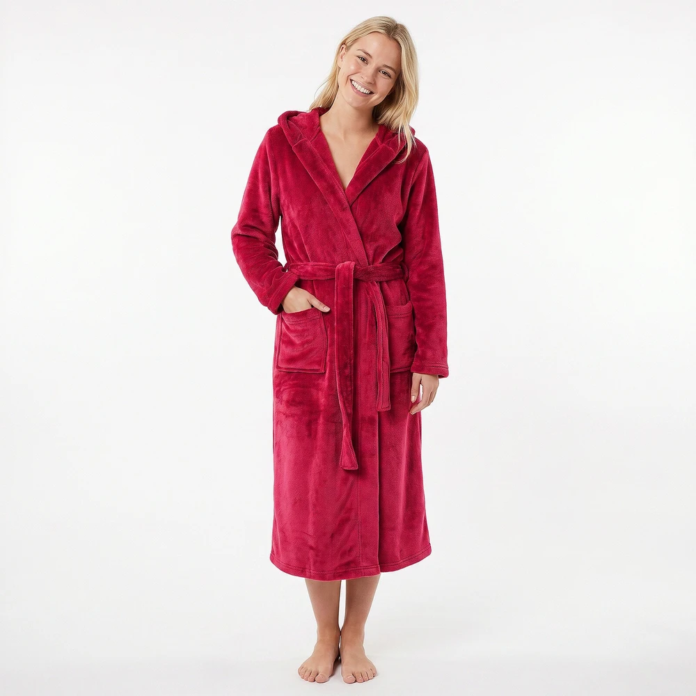 GAUBERT unisex flisinis chalatas su gobtuvu, ilgas, bordo spalvos 2XL/3XL