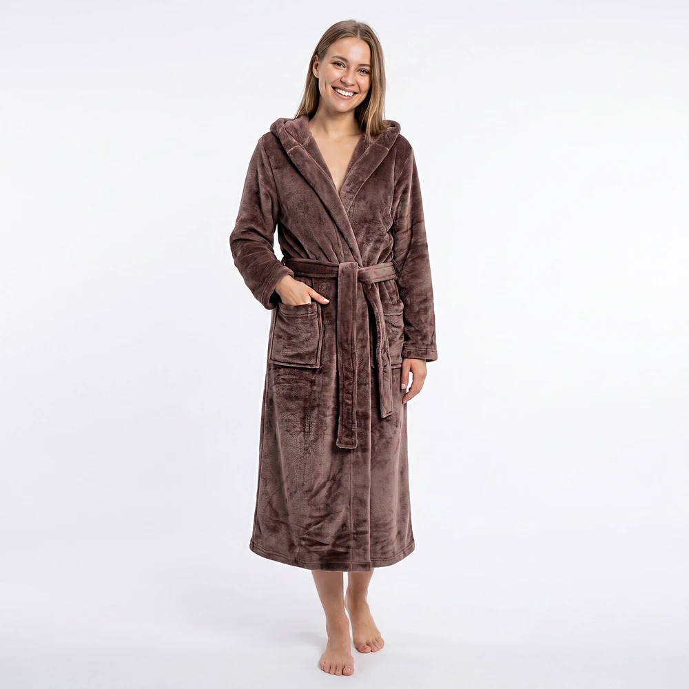 GAUBERT unisex flisinis chalatas su gobtuvu, ilgas, kavos rudumo spalvos L/XL
