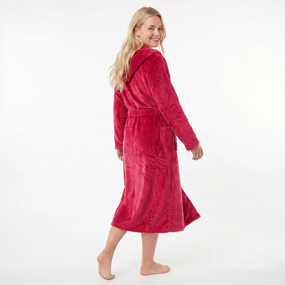 GAUBERT unisex flisinis chalatas su gobtuvu, ilgas, bordo spalvos 2XL/3XL