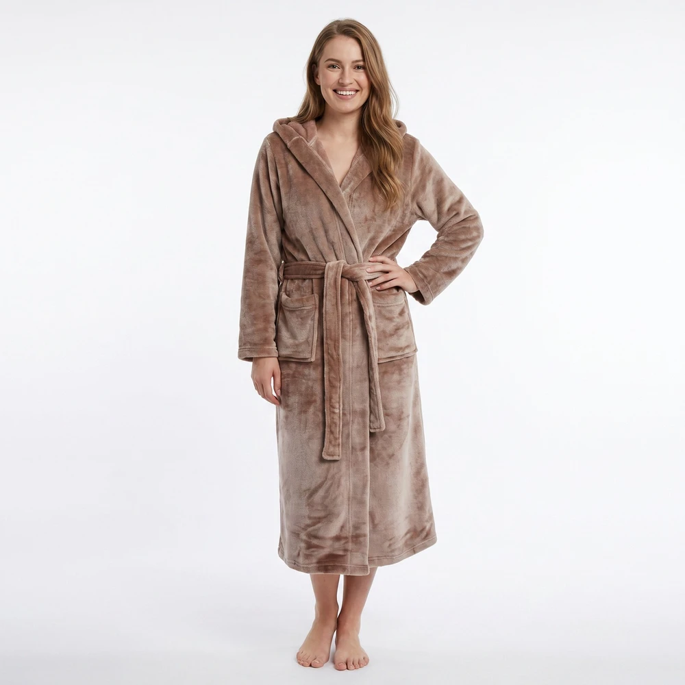 GAUBERT unisex flisinis chalatas su gobtuvu, ilgas, smėlio spalvos S/M