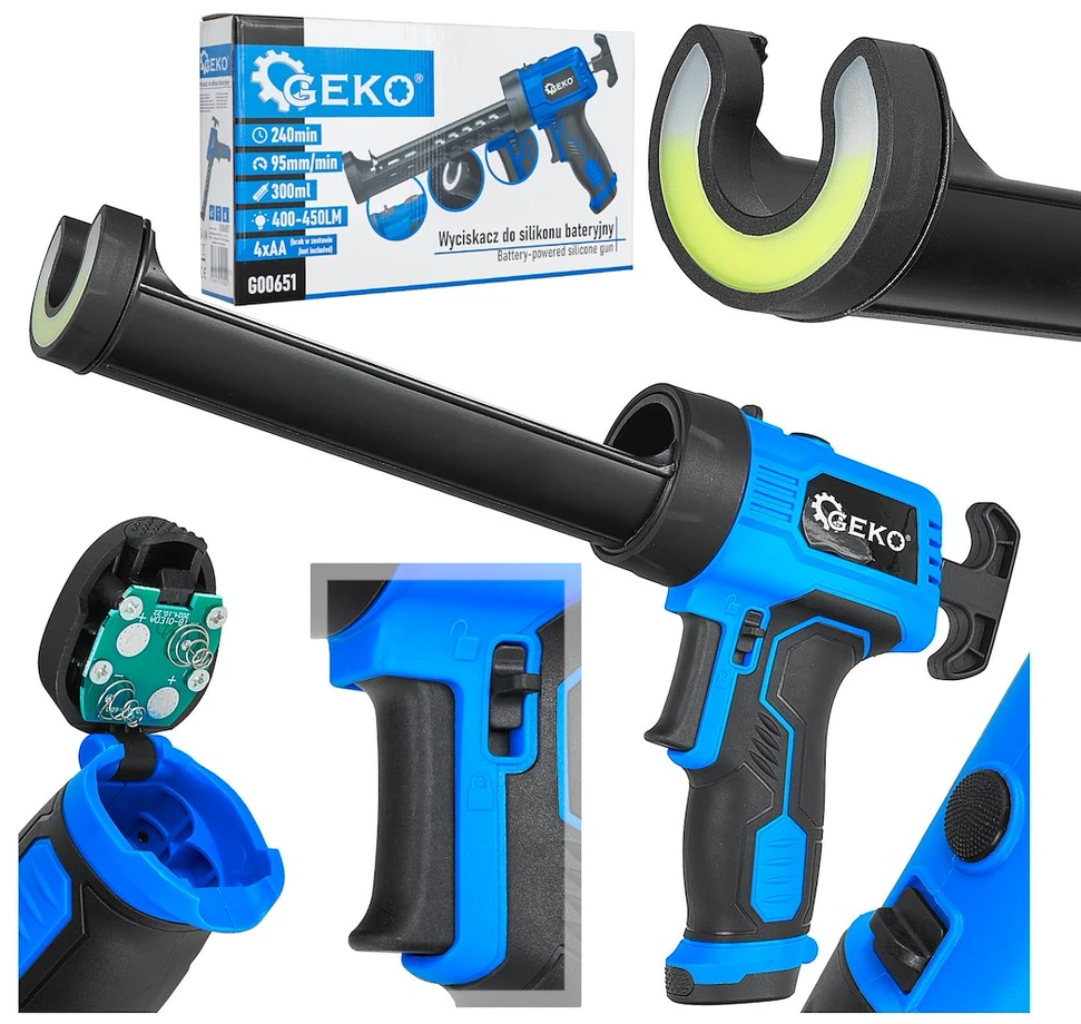 GEKO AKUMULIATORINIS SILIKONO PISTOLETAS LED 4xAA