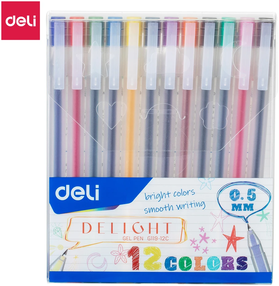 Geliniai rašikliai DELI Delight 0.5mm, 12 spalvų