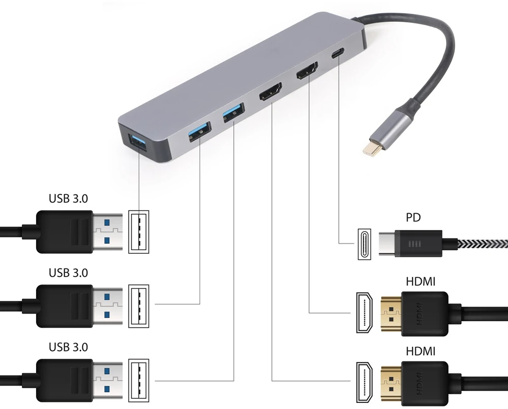Gembird A-CM-COMBO3-03 USB tipo C 3 viename kelių prievadų adapteris (Hub + HDMI + PD)