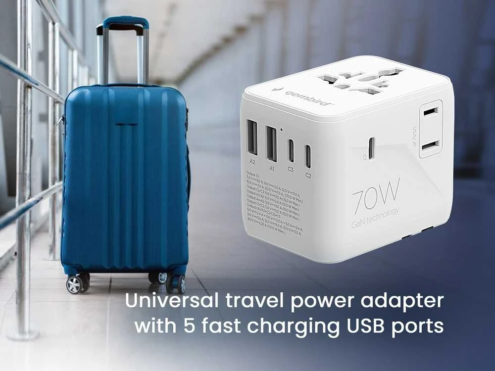 „Gembird“ universalus kelioninis maitinimo adapteris, 70 W | TPA-2A3C70-01-W