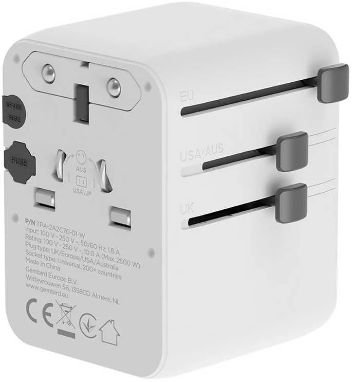 „Gembird“ universalus kelioninis maitinimo adapteris, 70 W | TPA-2A3C70-01-W