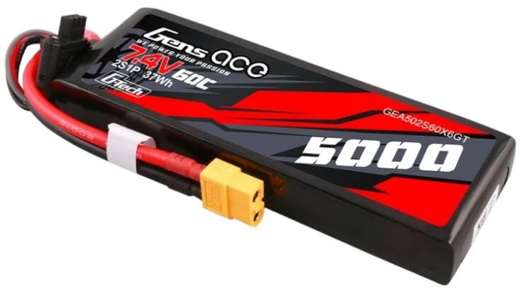 Gens ace G-Tech 5000mAh 7.4V 60C 2S1P Lipo PC medžiagos dėklas su XT60 kištuku