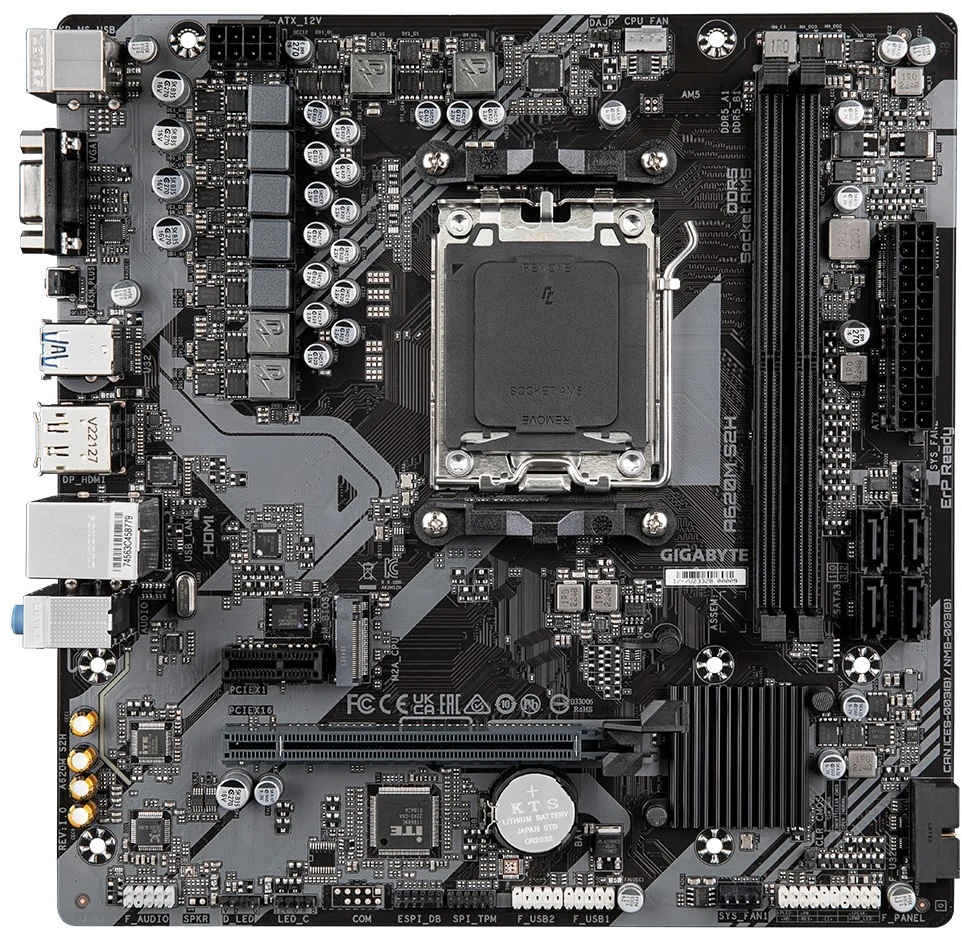 Pagrindinė plokštė Gigabyte Gigabaitas | A620M S2H 1,0 M/B | Procesorių šeima AMD | Procesoriaus lizdas AM5 | DDR5 DIMM | Atminties lizdai 2 | Palaikomos standžiojo disko sąsajos SATA, M.2 | SATA jungčių skaičius 4 | Lustų rinkinys AMD A620 | Mikro ATX