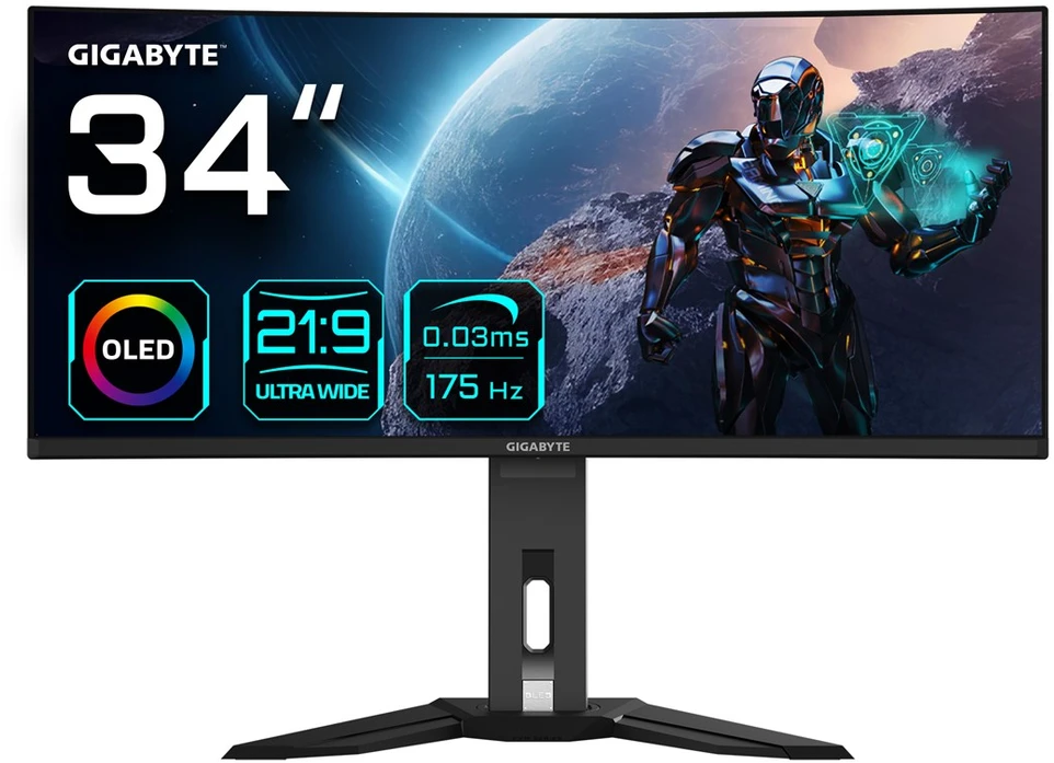 Monitorius Gigabyte | MO34WQC EK1 | 34" | OLED | WQHD | 175 Hz | 0,03 ms | 3440 x 1440 pikselių | 250 cd/m² | HDMI jungčių kiekis: 2