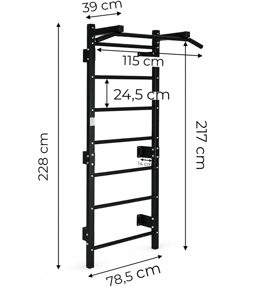 Gimnastikos sienelė 228 cm, prisitraukimų skersinis vaikams ir suaugusiems, juoda MOVEPRO