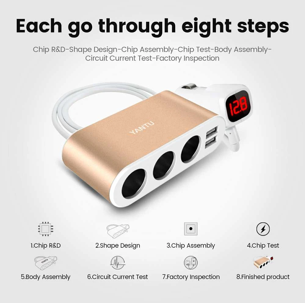 Fusion Accessories Automobilio cigarečių žiebtuvėlio lizdo skirstytuvas B08 – 3 lizdai + 2xUSB – 3,1A 120W su ekranu ir laidu auksinis