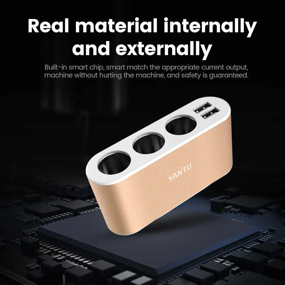 Fusion Accessories Automobilio cigarečių žiebtuvėlio lizdo skirstytuvas B08 – 3 lizdai + 2xUSB – 3,1A 120W su ekranu ir laidu auksinis