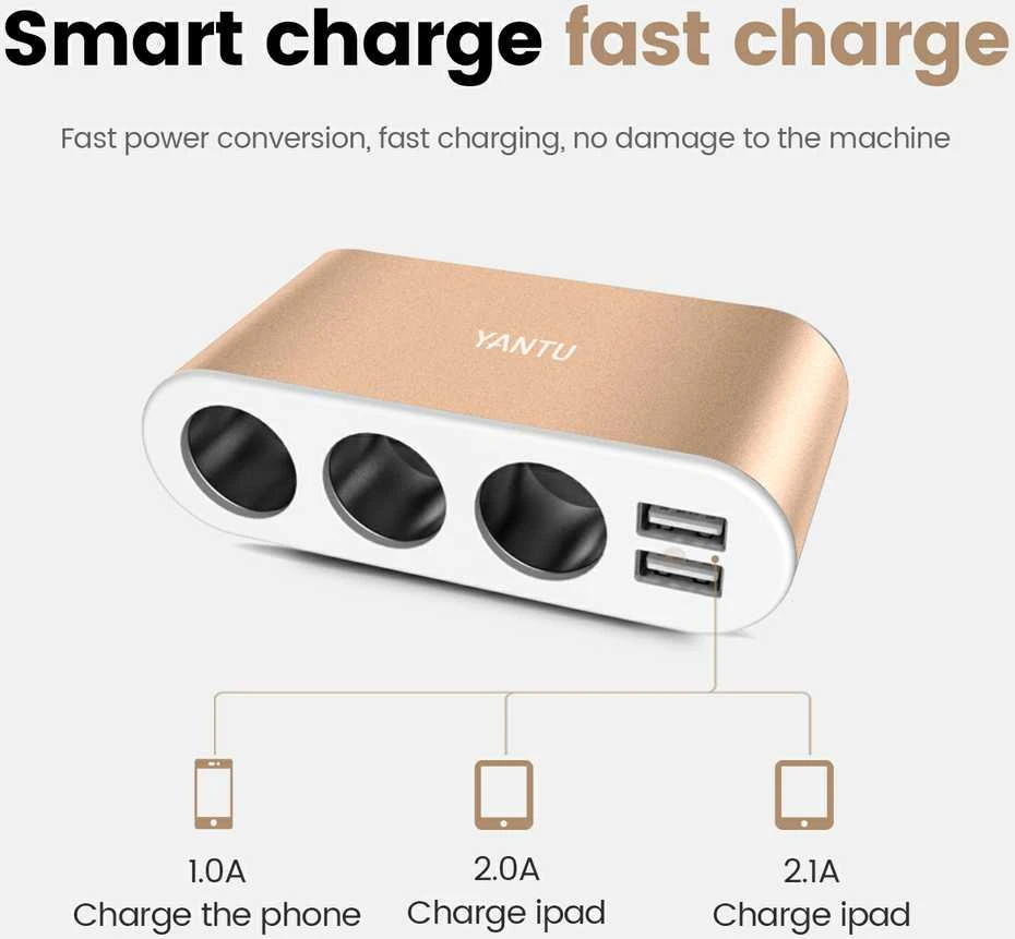 Fusion Accessories Automobilio cigarečių žiebtuvėlio lizdo skirstytuvas B08 – 3 lizdai + 2xUSB – 3,1A 120W su ekranu ir laidu auksinis